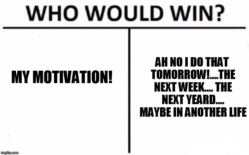 you want do something......who win | AH NO I DO THAT TOMORROW!....THE NEXT WEEK.... THE NEXT YEARD.... MAYBE IN ANOTHER LIFE; MY MOTIVATION! | image tagged in memes,who would win,motivation | made w/ Imgflip meme maker