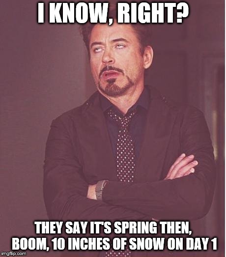 Face You Make Robert Downey Jr Meme | I KNOW, RIGHT? THEY SAY IT'S SPRING THEN, BOOM, 10 INCHES OF SNOW ON DAY 1 | image tagged in memes,face you make robert downey jr | made w/ Imgflip meme maker