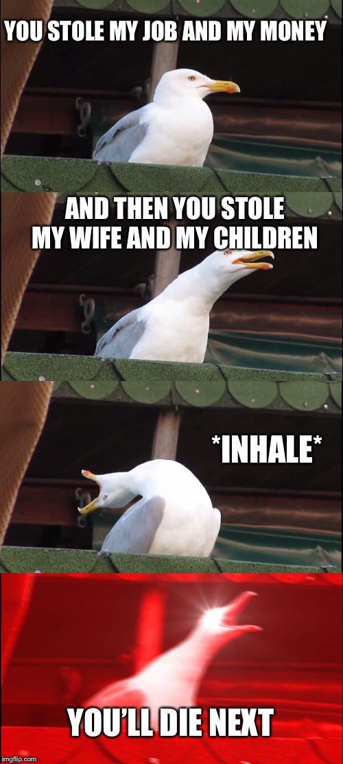 You’ll die next | YOU STOLE MY JOB AND MY MONEY; AND THEN YOU STOLE MY WIFE AND MY CHILDREN; *INHALE*; YOU’LL DIE NEXT | image tagged in memes,inhaling seagull | made w/ Imgflip meme maker