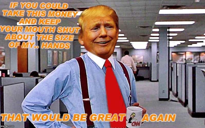 What's the tip for $130,000? | IF YOU COULD TAKE THIS MONEY AND KEEP YOUR MOUTH SHUT ABOUT THE SIZE OF MY.. HANDS; THAT WOULD BE GREAT; AGAIN | image tagged in donald trump,that would be great,make america great again | made w/ Imgflip meme maker
