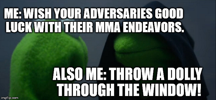 Evil Kermit | ME: WISH YOUR ADVERSARIES GOOD LUCK WITH THEIR MMA ENDEAVORS. ALSO ME: THROW A DOLLY THROUGH THE WINDOW! | image tagged in memes,evil kermit | made w/ Imgflip meme maker