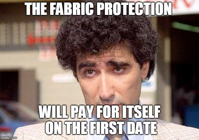 Eugene Levy Vacation | THE FABRIC PROTECTION; WILL PAY FOR ITSELF ON THE FIRST DATE | image tagged in eugene levy vacation | made w/ Imgflip meme maker