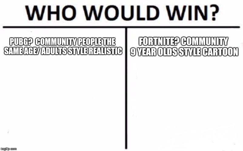 Who Would Win? | PUBG?  COMMUNITY PEOPLE THE SAME AGE/ ADULTS STYLE REALISTIC; FORTNITE? COMMUNITY 9 YEAR OLDS STYLE CARTOON | image tagged in memes,who would win | made w/ Imgflip meme maker