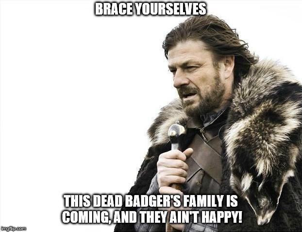 Brace Yourselves X is Coming | BRACE YOURSELVES; THIS DEAD BADGER'S FAMILY IS COMING, AND THEY AIN'T HAPPY! | image tagged in memes,brace yourselves x is coming | made w/ Imgflip meme maker