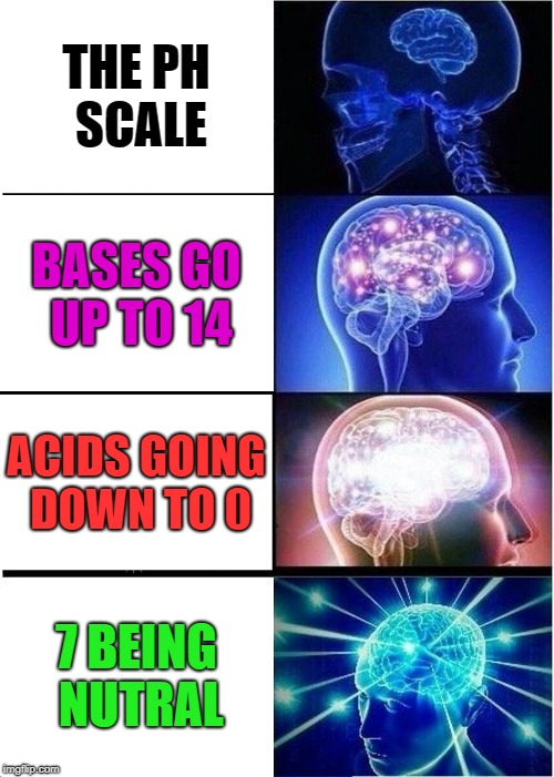 Expanding Brain | THE PH SCALE; BASES GO UP TO 14; ACIDS GOING DOWN TO 0; 7 BEING NUTRAL | image tagged in memes,expanding brain | made w/ Imgflip meme maker