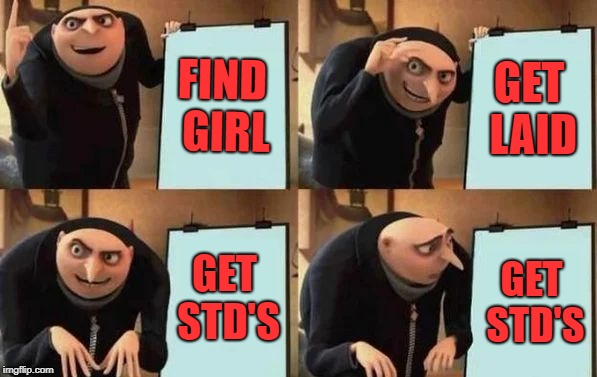 Gru's Plan | FIND GIRL; GET LAID; GET STD'S; GET STD'S | image tagged in gru's plan | made w/ Imgflip meme maker