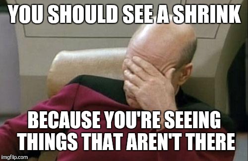 Captain Picard Facepalm Meme | YOU SHOULD SEE A SHRINK BECAUSE YOU'RE SEEING THINGS THAT AREN'T THERE | image tagged in memes,captain picard facepalm | made w/ Imgflip meme maker