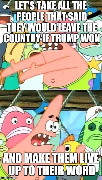Put It Somewhere Else Patrick Meme | LET'S TAKE ALL THE PEOPLE THAT SAID THEY WOULD LEAVE THE COUNTRY IF TRUMP WON AND MAKE THEM LIVE UP TO THEIR WORD | image tagged in memes,put it somewhere else patrick | made w/ Imgflip meme maker