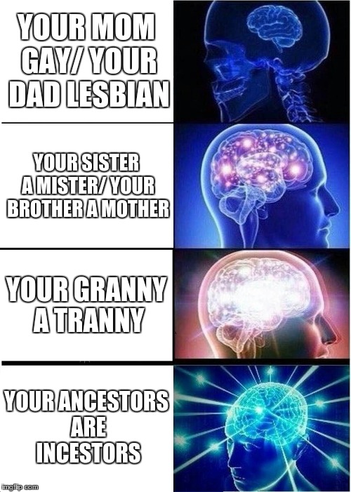 what a wierd family... | YOUR MOM GAY/ YOUR DAD LESBIAN; YOUR SISTER A MISTER/ YOUR BROTHER A MOTHER; YOUR GRANNY A TRANNY; YOUR ANCESTORS ARE INCESTORS | image tagged in memes,expanding brain | made w/ Imgflip meme maker