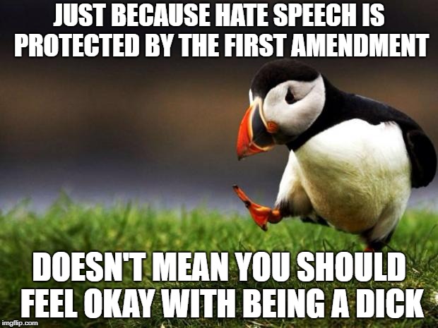 Unpopular Opinion Puffin | JUST BECAUSE HATE SPEECH IS PROTECTED BY THE FIRST AMENDMENT; DOESN'T MEAN YOU SHOULD FEEL OKAY WITH BEING A DICK | image tagged in memes,unpopular opinion puffin | made w/ Imgflip meme maker