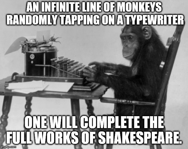 AN INFINITE LINE OF MONKEYS RANDOMLY TAPPING ON A TYPEWRITER ONE WILL COMPLETE THE FULL WORKS OF SHAKESPEARE. | made w/ Imgflip meme maker