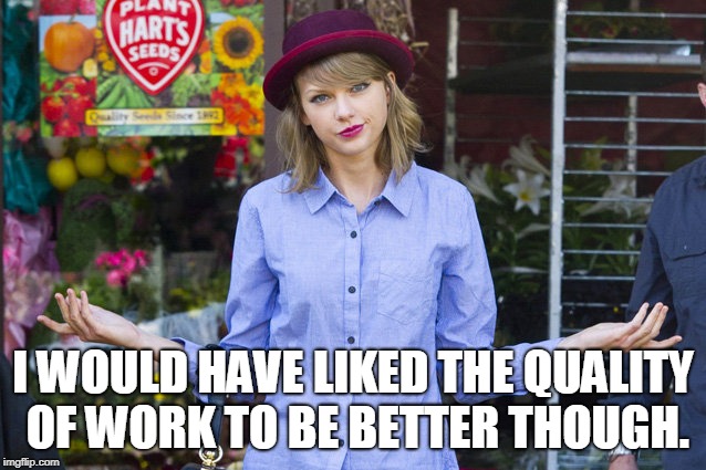 Taylor Swift Shrug | I WOULD HAVE LIKED THE QUALITY OF WORK TO BE BETTER THOUGH. | image tagged in taylor swift shrug | made w/ Imgflip meme maker