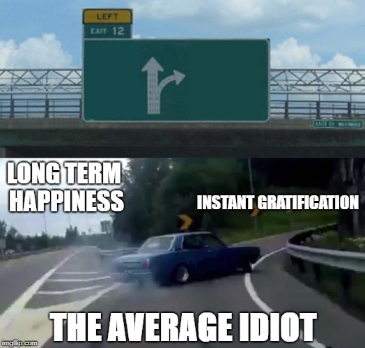 Left Exit 12 Off Ramp | INSTANT GRATIFICATION; LONG TERM HAPPINESS; THE AVERAGE IDIOT | image tagged in memes,left exit 12 off ramp | made w/ Imgflip meme maker