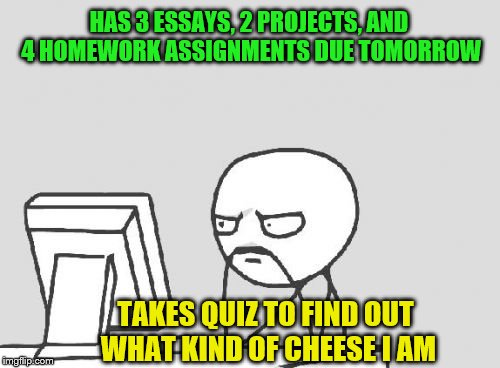 I have my priorities | HAS 3 ESSAYS, 2 PROJECTS, AND 4 HOMEWORK ASSIGNMENTS DUE TOMORROW; TAKES QUIZ TO FIND OUT WHAT KIND OF CHEESE I AM | image tagged in memes,computer guy,homework,quiz,priorities | made w/ Imgflip meme maker