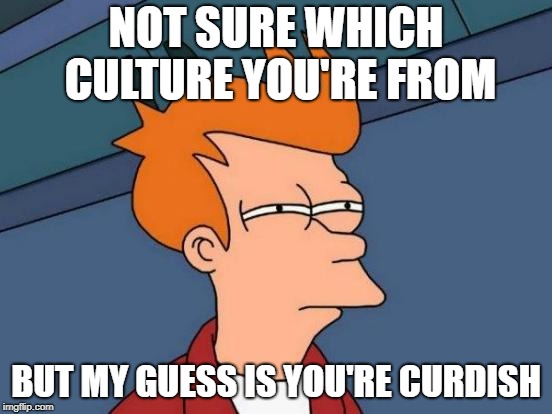 Futurama Fry Meme | NOT SURE WHICH CULTURE YOU'RE FROM BUT MY GUESS IS YOU'RE CURDISH | image tagged in memes,futurama fry | made w/ Imgflip meme maker