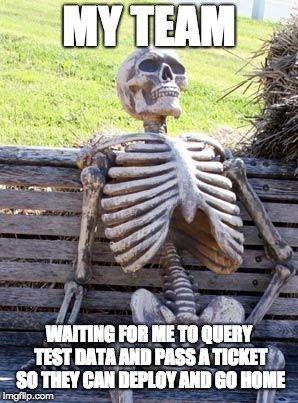 Waiting Skeleton | MY TEAM; WAITING FOR ME TO QUERY TEST DATA AND PASS A TICKET SO THEY CAN DEPLOY AND GO HOME | image tagged in memes,waiting skeleton | made w/ Imgflip meme maker