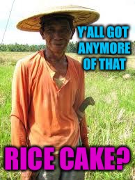 Among other things. | Y'ALL GOT ANYMORE OF THAT; RICE CAKE? | image tagged in y'all got any more of that,rice,memes,funny | made w/ Imgflip meme maker