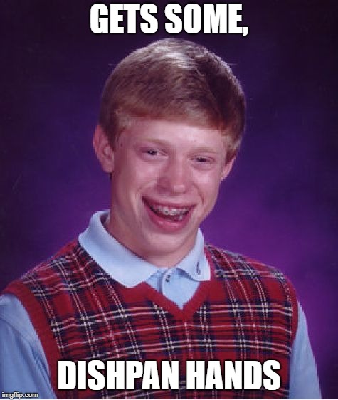 Bad Luck Brian Meme | GETS SOME, DISHPAN HANDS | image tagged in memes,bad luck brian | made w/ Imgflip meme maker