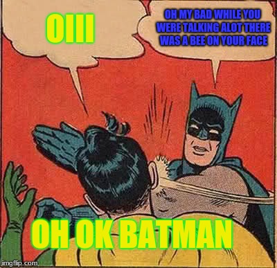 Batman Slapping Robin | OIII; OH MY BAD WHILE YOU WERE TALKING ALOT THERE WAS A BEE ON YOUR FACE; OH OK BATMAN | image tagged in memes,batman slapping robin | made w/ Imgflip meme maker
