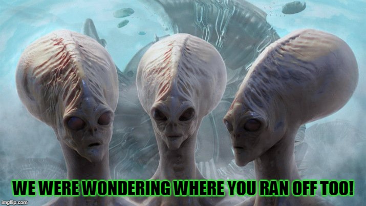 WE WERE WONDERING WHERE YOU RAN OFF TOO! | image tagged in aliens | made w/ Imgflip meme maker