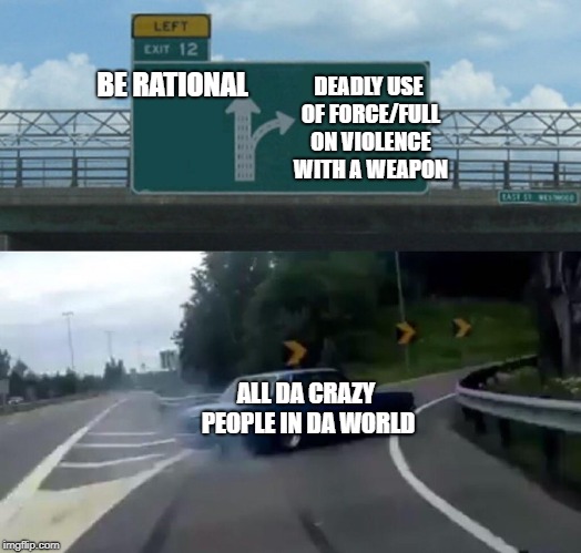 Dae dunno da wae | DEADLY USE OF FORCE/FULL ON VIOLENCE WITH A WEAPON; BE RATIONAL; ALL DA CRAZY PEOPLE IN DA WORLD | image tagged in memes,left exit 12 off ramp | made w/ Imgflip meme maker