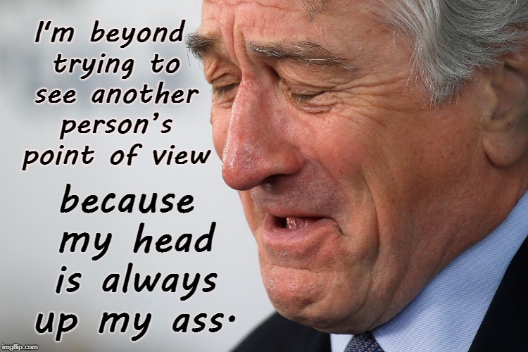 DeNiro's head always up his ass | I'm beyond trying to see another person’s point of view; because my head is always up my ass. | image tagged in robert deniro,idiot,liberal,ass | made w/ Imgflip meme maker