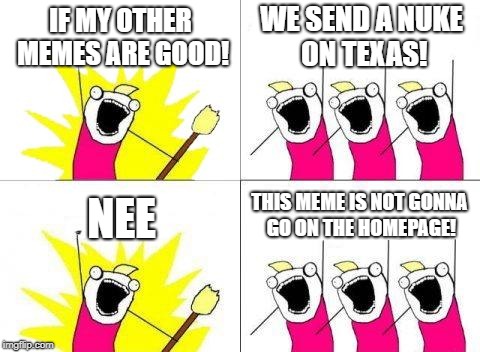 What Do We Want Meme | IF MY OTHER MEMES ARE GOOD! WE SEND A NUKE ON TEXAS! THIS MEME IS NOT GONNA GO ON THE HOMEPAGE! NEE | image tagged in memes,what do we want | made w/ Imgflip meme maker