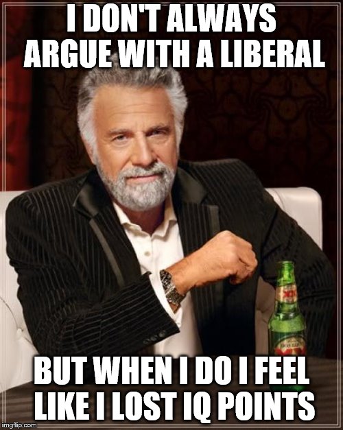 The Most Interesting Man In The World | I DON'T ALWAYS ARGUE WITH A LIBERAL; BUT WHEN I DO I FEEL LIKE I LOST IQ POINTS | image tagged in memes,the most interesting man in the world | made w/ Imgflip meme maker