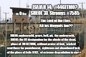 ISAIAH 14: #44GITMO? SHEOL 3X Strongs #7585 The Lord of the Flies & All his Maggots too?? Barack Hussein Obama Islamic #OBAMAHDI | ISAIAH 14:  #44GITMO? SHEOL 3X Strongs #7585; Q; The Lord of the Flies 
All his Maggots too?? SHEOL: underworld, grave, hell, pit,

the underworld,

 SHEOL: the OT designation for the abode of the dead,  place of  NO RETURN,

without praise of God, 
 wicked   sent there for punishment,
 righteous not abandoned to it,   

of the place of Exile (FIG) ,

of extreme degradation in sin++ | image tagged in donald trump you're fired,barack obama proud face,hillary clinton for prison hospital 2016,deep state,retirement,maga | made w/ Imgflip meme maker