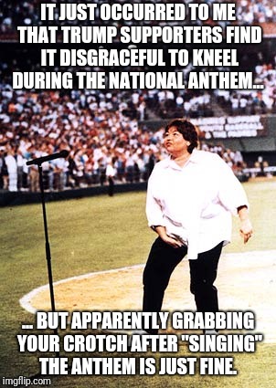 Hypocrisy, again  | IT JUST OCCURRED TO ME THAT TRUMP SUPPORTERS FIND IT DISGRACEFUL TO KNEEL DURING THE NATIONAL ANTHEM... ... BUT APPARENTLY GRABBING YOUR CROTCH AFTER "SINGING" THE ANTHEM IS JUST FINE. | image tagged in roseanne | made w/ Imgflip meme maker