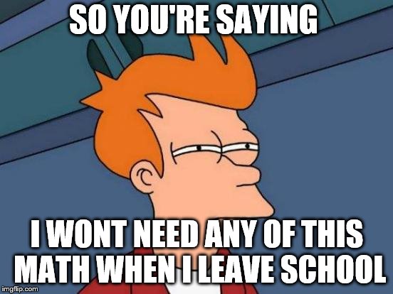 Futurama Fry Meme | SO YOU'RE SAYING; I WONT NEED ANY OF THIS MATH WHEN I LEAVE SCHOOL | image tagged in memes,futurama fry | made w/ Imgflip meme maker