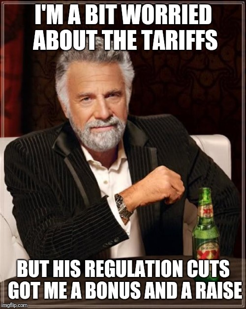 The Most Interesting Man In The World Meme | I'M A BIT WORRIED ABOUT THE TARIFFS BUT HIS REGULATION CUTS GOT ME A BONUS AND A RAISE | image tagged in memes,the most interesting man in the world | made w/ Imgflip meme maker