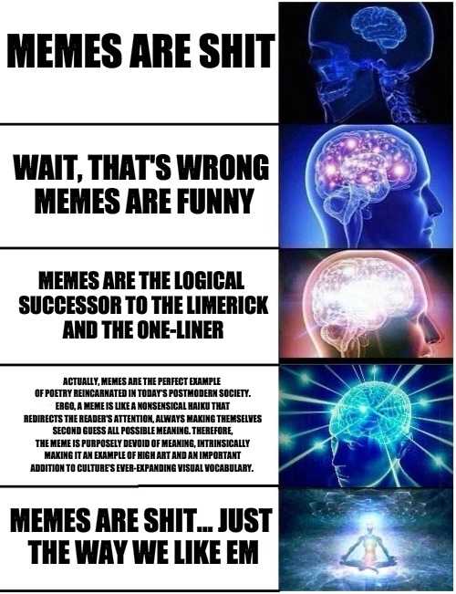 Expanding Brain 5 Panel | MEMES ARE SHIT; WAIT, THAT'S WRONG MEMES ARE FUNNY; MEMES ARE THE LOGICAL SUCCESSOR TO THE LIMERICK AND THE ONE-LINER; ACTUALLY, MEMES ARE THE PERFECT EXAMPLE OF POETRY REINCARNATED IN TODAY'S POSTMODERN SOCIETY. ERGO, A MEME IS LIKE A NONSENSICAL HAIKU THAT REDIRECTS THE READER'S ATTENTION, ALWAYS MAKING THEMSELVES SECOND GUESS ALL POSSIBLE MEANING. THEREFORE, THE MEME IS PURPOSELY DEVOID OF MEANING, INTRINSICALLY MAKING IT AN EXAMPLE OF HIGH ART AND AN IMPORTANT ADDITION TO CULTURE'S EVER-EXPANDING VISUAL VOCABULARY. MEMES ARE SHIT...
JUST THE WAY WE LIKE EM | image tagged in expanding brain 5 panel | made w/ Imgflip meme maker
