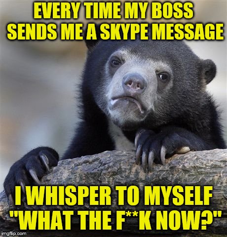 Can I please turn off Skype? | EVERY TIME MY BOSS SENDS ME A SKYPE MESSAGE; I WHISPER TO MYSELF "WHAT THE F**K NOW?" | image tagged in memes,confession bear,skype,boss | made w/ Imgflip meme maker