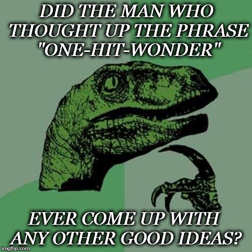 CURIOSITY | DID THE MAN WHO THOUGHT UP THE PHRASE "ONE-HIT-WONDER"; EVER COME UP WITH ANY OTHER GOOD IDEAS? | image tagged in memes,philosoraptor,funny | made w/ Imgflip meme maker