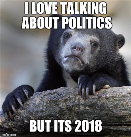 Confession Bear | I LOVE TALKING ABOUT POLITICS; BUT ITS 2018 | image tagged in memes,confession bear | made w/ Imgflip meme maker