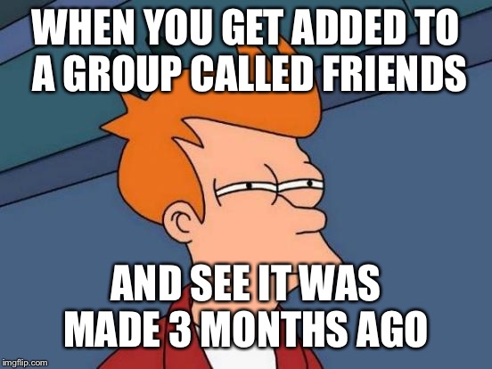 Futurama Fry Meme | WHEN YOU GET ADDED TO A GROUP CALLED FRIENDS; AND SEE IT WAS MADE 3 MONTHS AGO | image tagged in memes,futurama fry | made w/ Imgflip meme maker