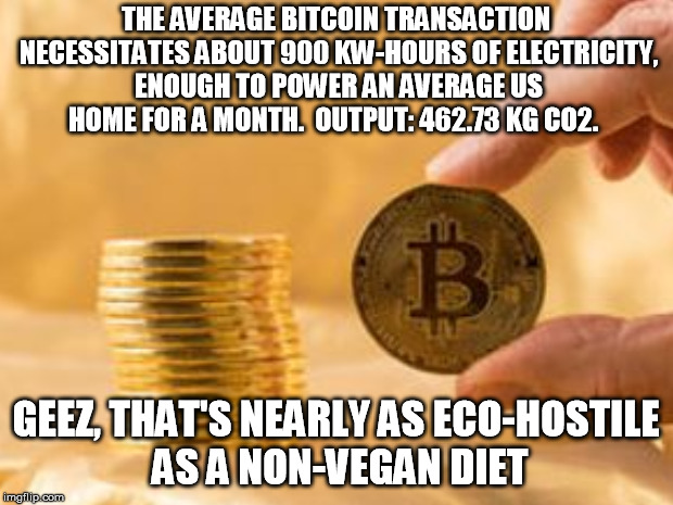 Interesting fact about Bitcoin and the environment - plus a point | THE AVERAGE BITCOIN TRANSACTION NECESSITATES ABOUT 900 KW-HOURS OF ELECTRICITY, ENOUGH TO POWER AN AVERAGE US HOME FOR A MONTH.  OUTPUT: 462.73 KG CO2. GEEZ, THAT'S NEARLY AS ECO-HOSTILE AS A NON-VEGAN DIET | image tagged in bitcoin,environment,vegan | made w/ Imgflip meme maker