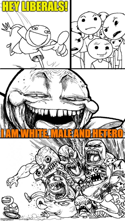 Hey Internet Meme | HEY LIBERALS! I AM WHITE, MALE AND HETERO | image tagged in memes,hey internet | made w/ Imgflip meme maker