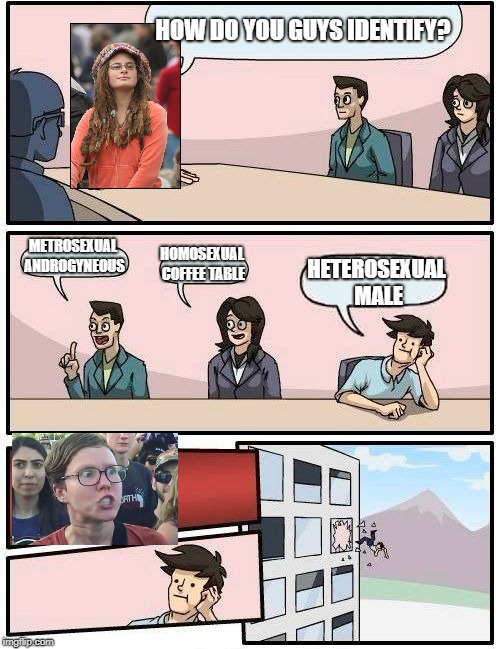 Boardroom Meeting Suggestion Meme |  HOW DO YOU GUYS IDENTIFY? METROSEXUAL ANDROGYNEOUS; HOMOSEXUAL COFFEE TABLE; HETEROSEXUAL MALE | image tagged in memes,boardroom meeting suggestion | made w/ Imgflip meme maker