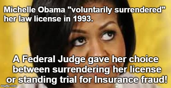 Michelle Obama Lost Law License | Michelle Obama "voluntarily surrendered" her law license in 1993. A Federal Judge gave her choice between surrendering her license or standing trial for Insurance fraud! | image tagged in law license,fraud | made w/ Imgflip meme maker