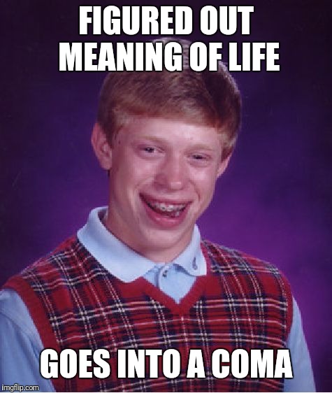 Bad Luck Brian Meme | FIGURED OUT MEANING OF LIFE; GOES INTO A COMA | image tagged in memes,bad luck brian | made w/ Imgflip meme maker