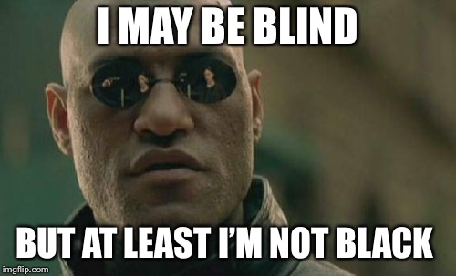 I should be happy  | I MAY BE BLIND; BUT AT LEAST I’M NOT BLACK | image tagged in memes | made w/ Imgflip meme maker