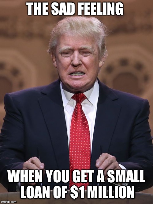 Donald Trump | THE SAD FEELING; WHEN YOU GET A SMALL LOAN OF $1 MILLION | image tagged in donald trump | made w/ Imgflip meme maker