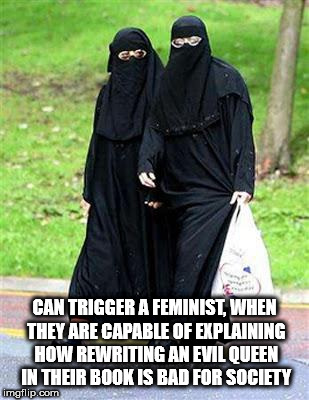 Progressive muslim conservative women wearing shades, so the book about souls comes true. | CAN TRIGGER A FEMINIST, WHEN THEY ARE CAPABLE OF EXPLAINING HOW REWRITING AN EVIL QUEEN IN THEIR BOOK IS BAD FOR SOCIETY | image tagged in muslim feminist,feminist,angry feminist,muslim women,soul mates,bible | made w/ Imgflip meme maker