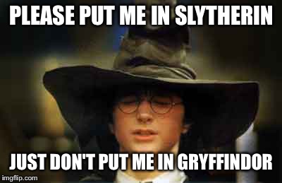 It's the same thing, but the other way around | PLEASE PUT ME IN SLYTHERIN; JUST DON'T PUT ME IN GRYFFINDOR | image tagged in harry potter sorting hat,harry potter,slytherin,gryffindor,one does not simply | made w/ Imgflip meme maker