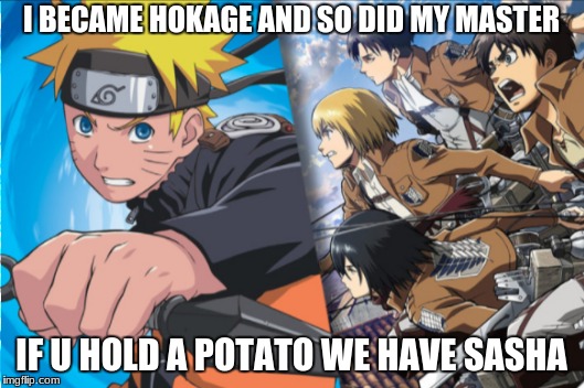 I BECAME HOKAGE AND SO DID MY MASTER; IF U HOLD A POTATO WE HAVE SASHA | image tagged in anime meme | made w/ Imgflip meme maker