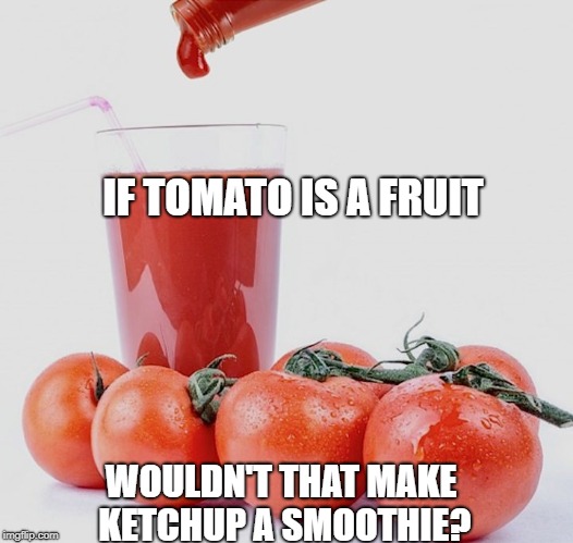 IF TOMATO IS A FRUIT; WOULDN'T THAT MAKE KETCHUP A SMOOTHIE? | image tagged in ketchup smoothie | made w/ Imgflip meme maker