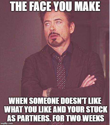 Face You Make Robert Downey Jr |  THE FACE YOU MAKE; WHEN SOMEONE DOESN'T LIKE WHAT YOU LIKE AND YOUR STUCK AS PARTNERS. FOR TWO WEEKS | image tagged in memes,face you make robert downey jr | made w/ Imgflip meme maker