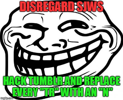 Oh, that N***ers me so Much! | DISREGARD SJWS; HACK TUMBLR AND REPLACE EVERY "TR" WITH AN "N" | image tagged in memes,troll face,tumblr,sjws,triggered,funny | made w/ Imgflip meme maker